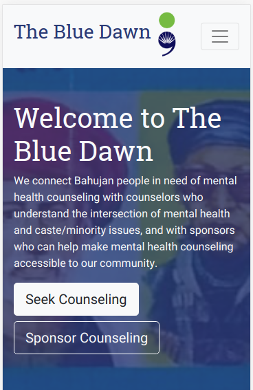 A screenshot of TheBlueDawn.org's top section showing the site's title and a brief description with two buttons to get started, overlaid over an image of Bahujan leaders