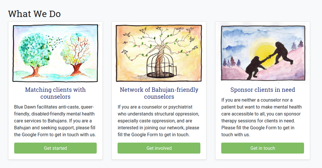 A screenshot of TheBlueDawn.org's section titled 'What We Do' showing three cards with brief explanations for matching people with good counselors, building the network of caste-aware counselors, and sponsoring counseling sessions for others